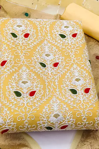 yellow silk blend embroidered dress material