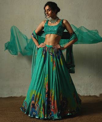 green embroidered chiffon lehenga set 2