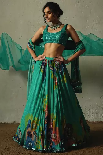 green embroidered chiffon lehenga set