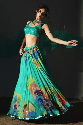 green embroidered chiffon lehenga set