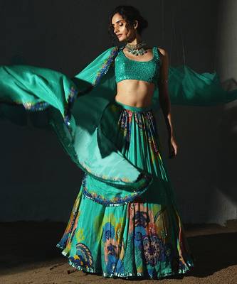 green embroidered chiffon lehenga set 4