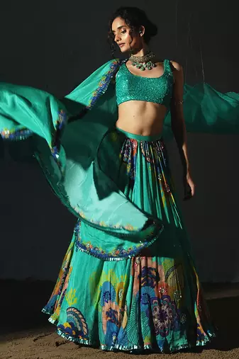 green embroidered chiffon lehenga set