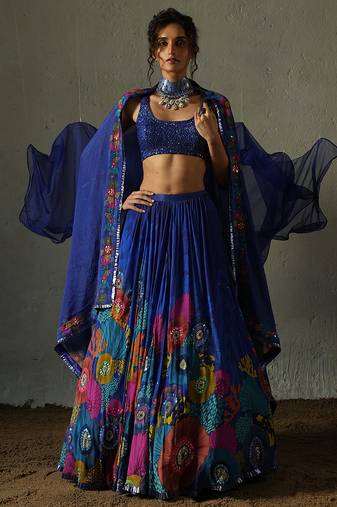 blue embroidered chiffon lehenga set