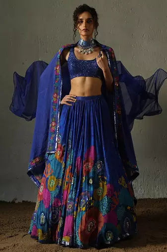 blue embroidered chiffon lehenga set