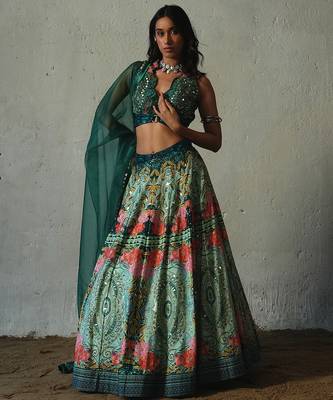 green embroidered chiffon lehenga set 1