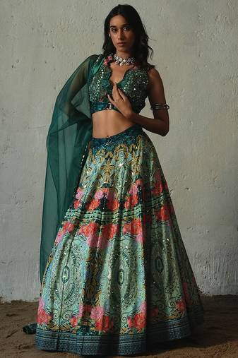 green embroidered chiffon lehenga set