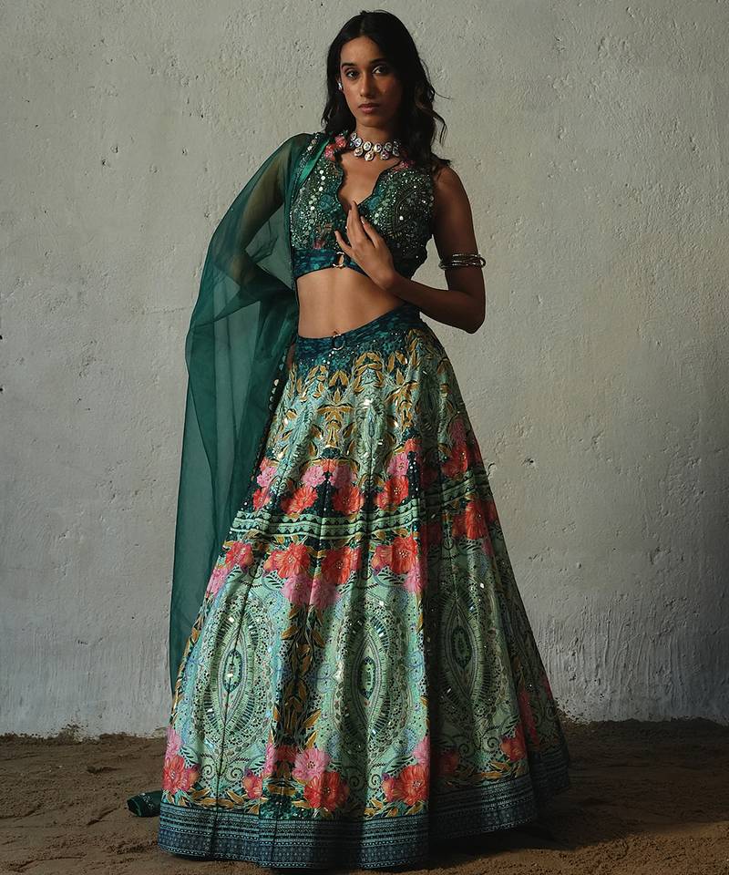 green embroidered chiffon lehenga set