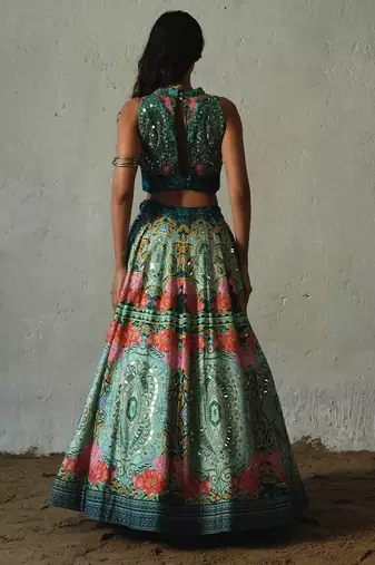 green embroidered chiffon lehenga set