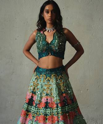 green embroidered chiffon lehenga set 3