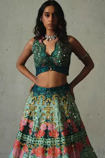 green embroidered chiffon lehenga set
