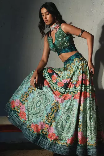 green embroidered chiffon lehenga set