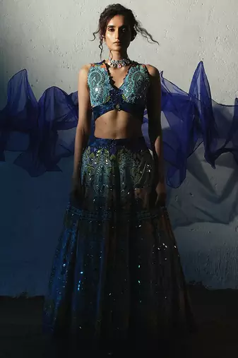 blue embroidered chiffon lehenga set