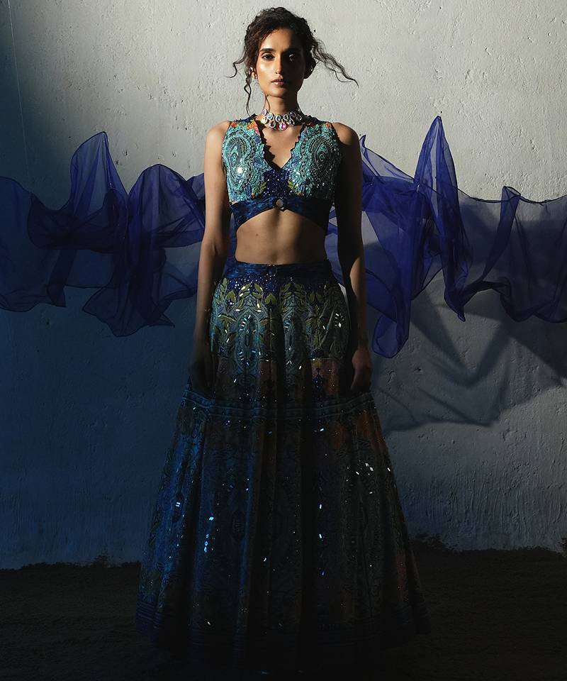 blue embroidered chiffon lehenga set