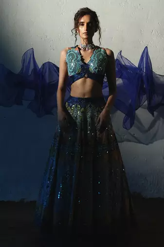 blue embroidered chiffon lehenga set