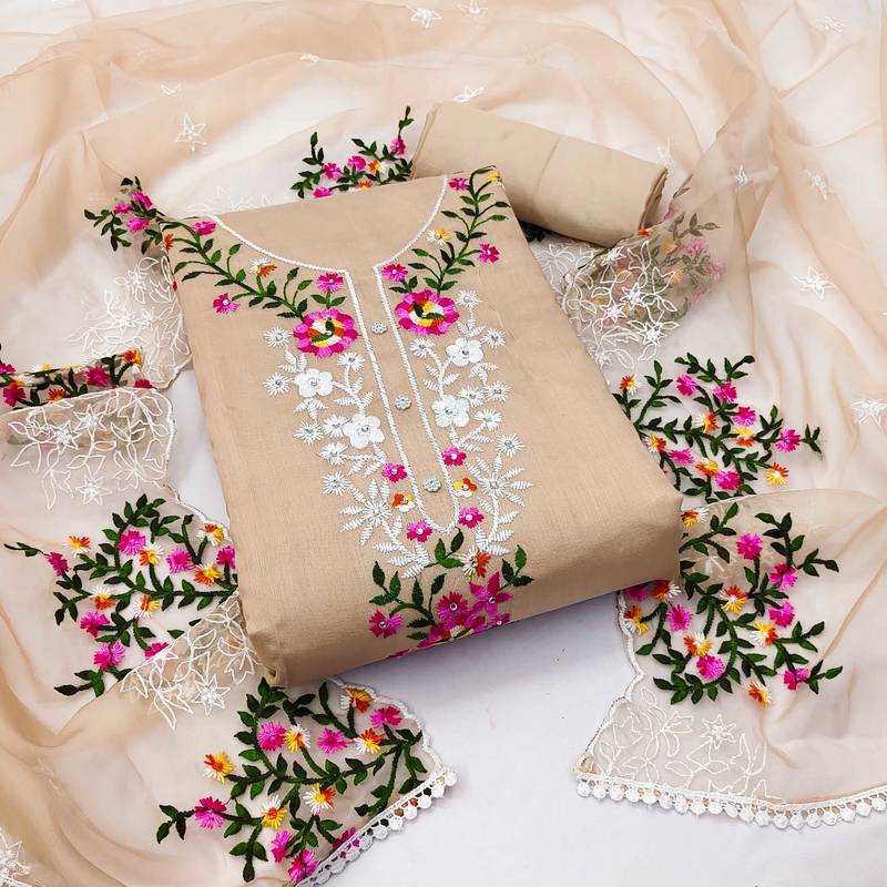 beige chanderi embroidered dress material