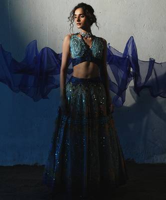 blue embroidered chiffon lehenga set 3