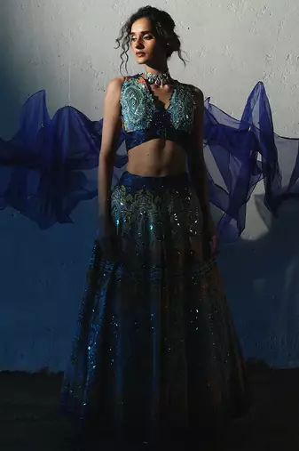 blue embroidered chiffon lehenga set