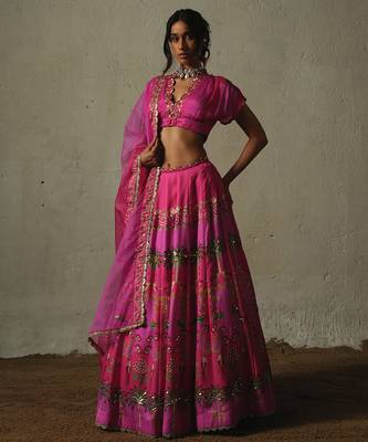 pink printed chiffon lehenga set 1