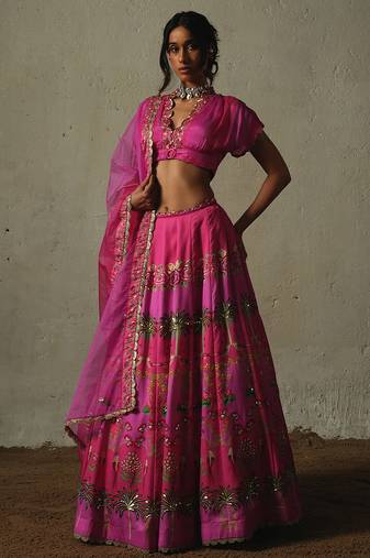 pink printed chiffon lehenga set