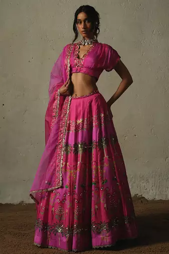 pink printed chiffon lehenga set