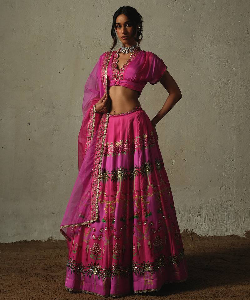 pink printed chiffon lehenga set