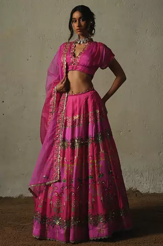 pink printed chiffon lehenga set