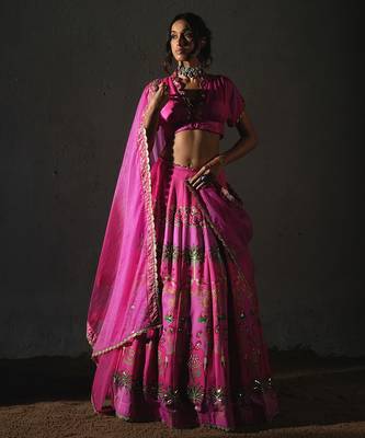 pink printed chiffon lehenga set 3