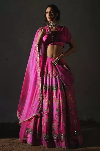 pink printed chiffon lehenga set