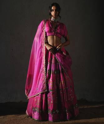 pink printed chiffon lehenga set 4