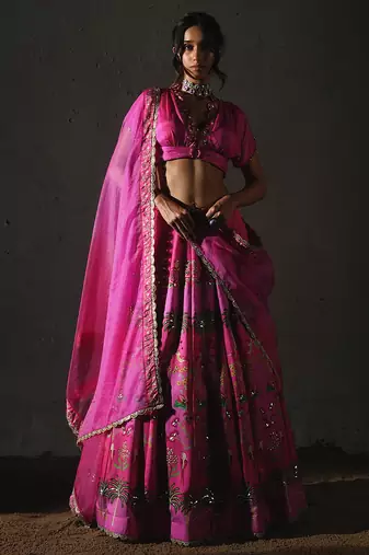 pink printed chiffon lehenga set