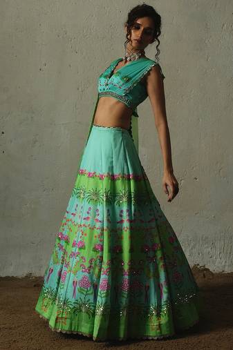 multicolor printed chiffon lehenga set