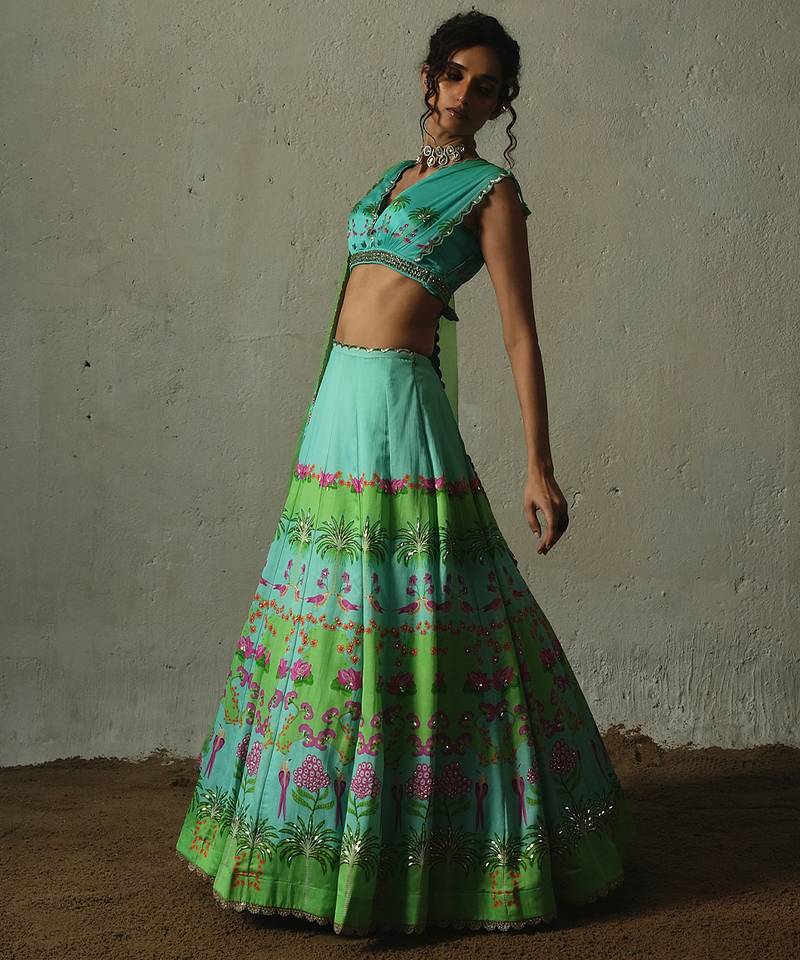 multicolor printed chiffon lehenga set