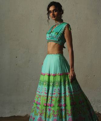 multicolor printed chiffon lehenga set 3