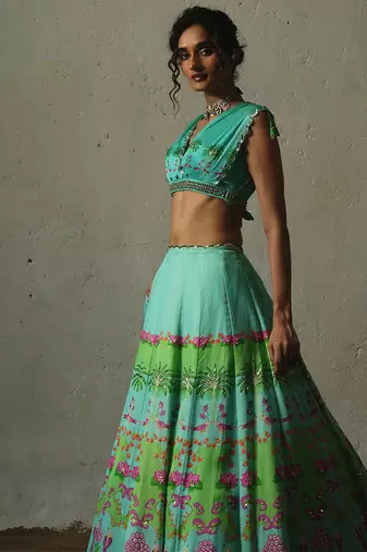 multicolor printed chiffon lehenga set