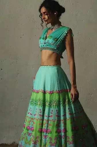multicolor printed chiffon lehenga set