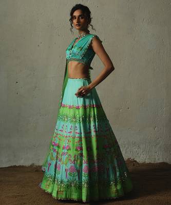 multicolor printed chiffon lehenga set 1