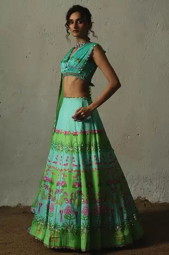 multicolor printed chiffon lehenga set
