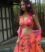 orange printed organza lehenga set
