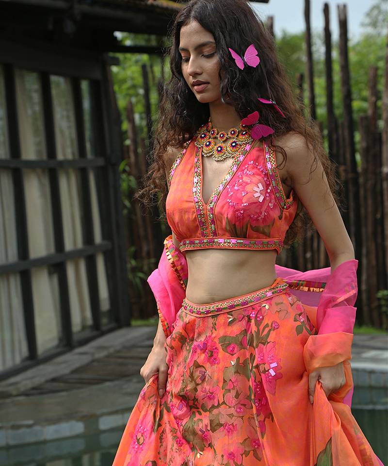 orange printed organza lehenga set