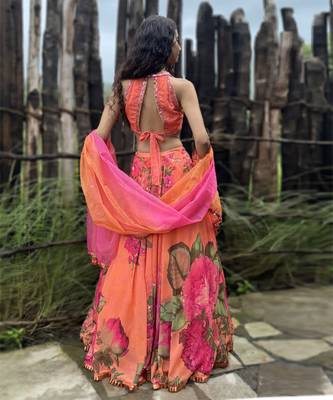orange printed organza lehenga set 3