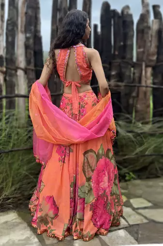 orange printed organza lehenga set