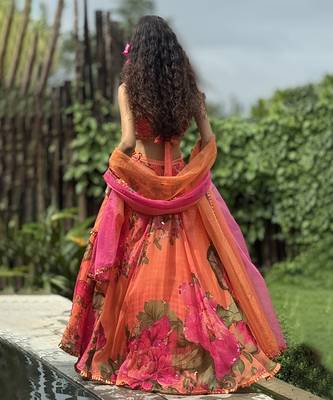 orange printed organza lehenga set 4