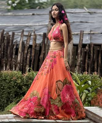 orange printed organza lehenga set 1