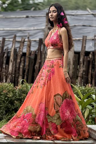 orange printed organza lehenga set