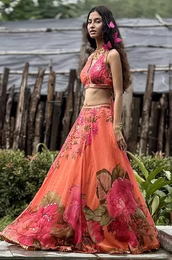 orange printed organza lehenga set