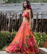 orange printed organza lehenga set