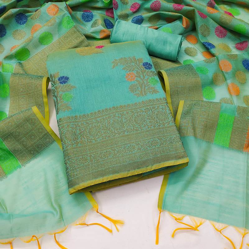 sea green jacquard woven dress material