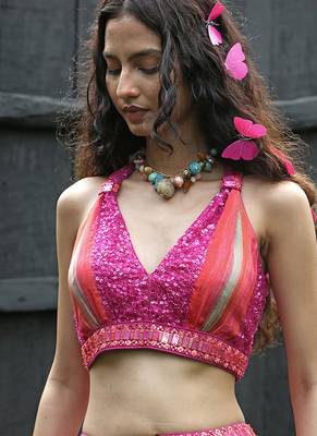 pink printed organza lehenga set 2