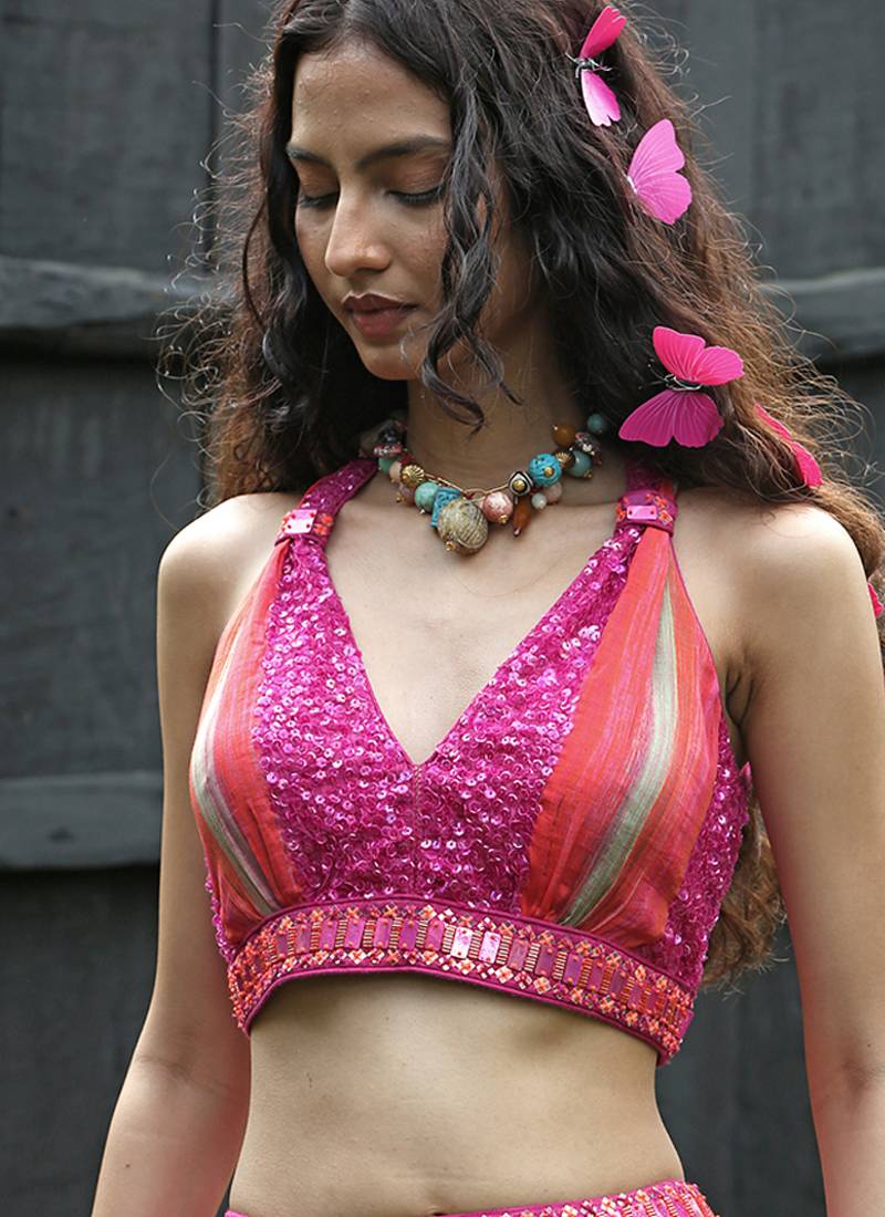 pink printed organza lehenga set