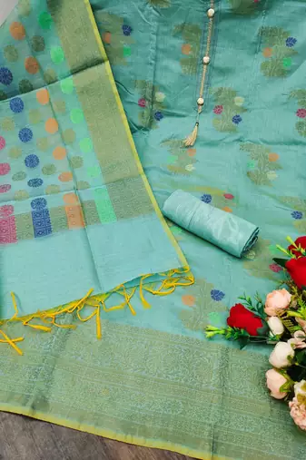 sea green jacquard woven dress material